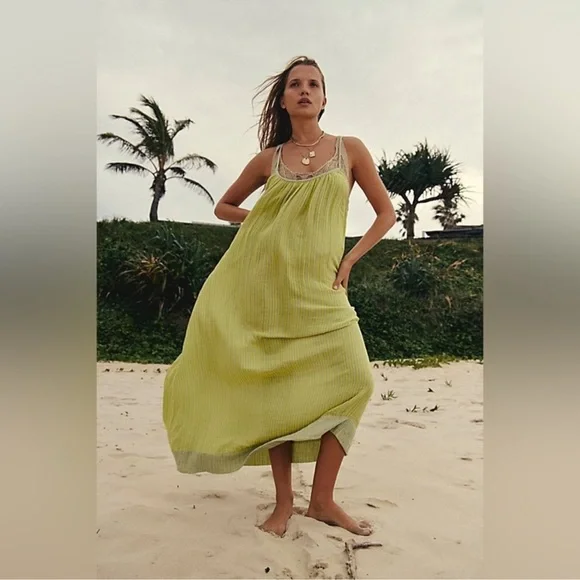 NWOT Free People Rio Reversible Midi Small and medium yellow/Green striped - Picture 1 of 5